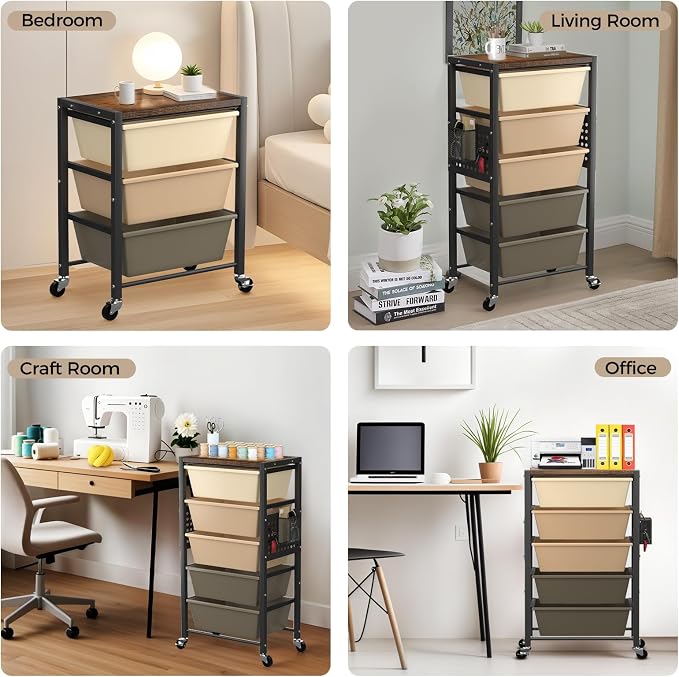 Rolling Cart with 3 Drawers, Plastic Drawer Storage Carts with Lockable Wheels & Wooden Tabletop, Metal Utility Cart Organizer, Office Bedroom Classroom Craft Organization and Storage, Dark Brown - Image 6