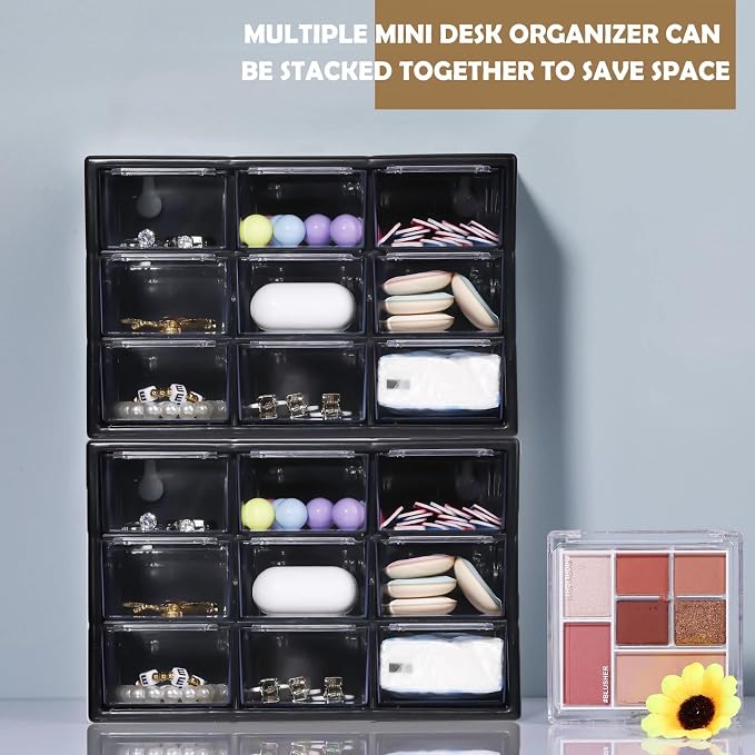 Rtteri 9 Pieces Mini Drawer Organizer Plastic Desktop Storage Box Desk Craft Organizer with 9 Clear Drawers for Office Home Jewelry Small Parts Belongings Cosmetics Collection, Wall Mounted (Black) - Image 6
