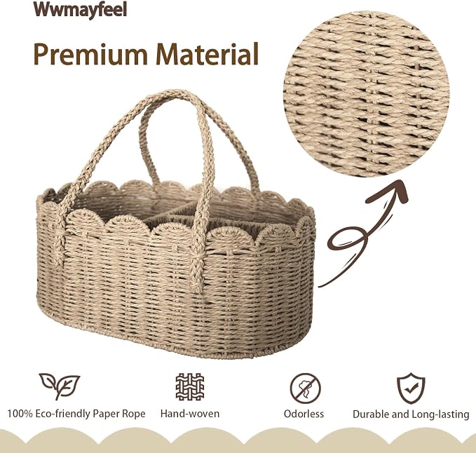 Diaper Caddy Organizer, Paper Rope Storage Baskets Nursery Bin with Removable Divider, Portable Car Organizer for Diapers, Baby Shower Gifts, Newborn Essentials Must Haves (Beige) - Image 2