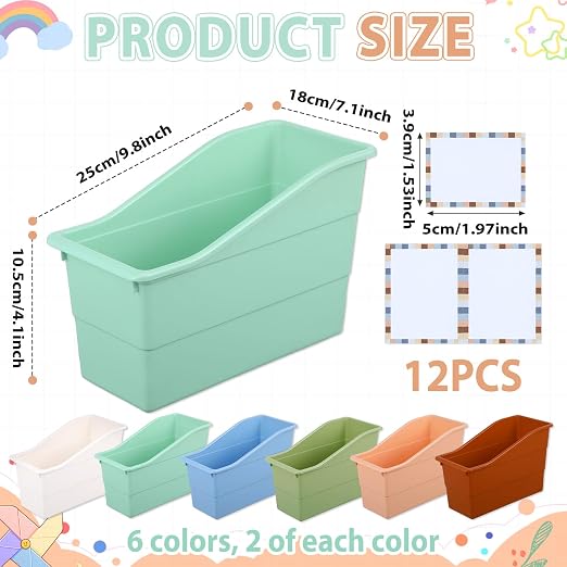 gisgfim 12 Pack Large Book Bins with Labels (Boho) | Durable Plastic,Stackable Magazine Organizer,Storage Bins for Classroom,Library,Office,Bookshelf Categorization - Image 2