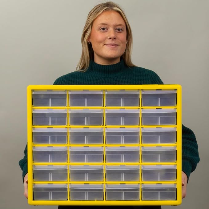 Akro-Mils 24-Drawer Plastic Storage Cabinet, 20"W x 6"D x 16"H, Yellow | Plastic Cabinet w/ Drawers for Garage Organization, Beads, Building Bricks Storage, Teacher Toolbox, Makeup Organizer, 10124 - Image 2