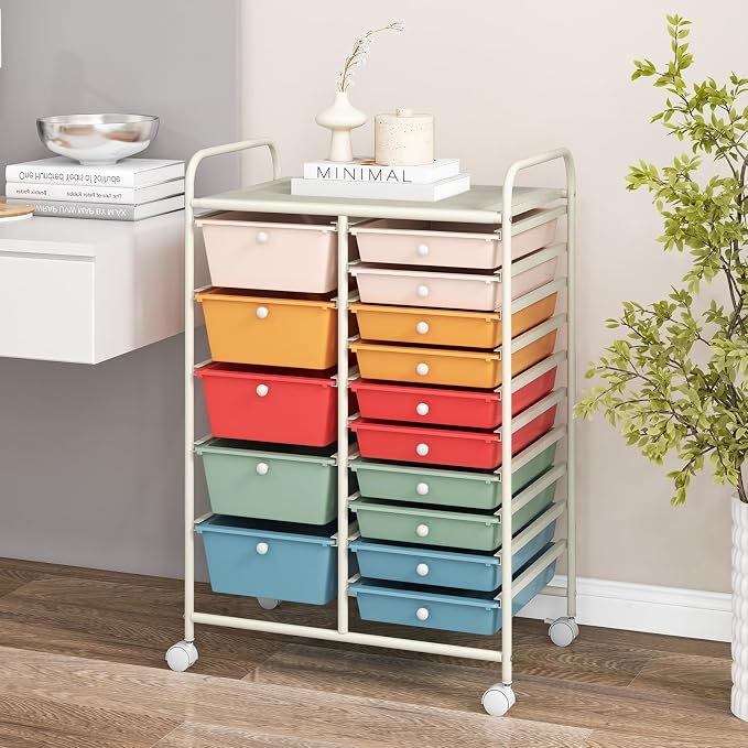 COSTWAY 15 Drawer Rolling Storage Cart, Mobile Storage Organizer | Removable Drawers & Metal Frame, Multipurpose Utility Tools Paper Organizer on Wheels for Home, Office (Macaron) - Image 2