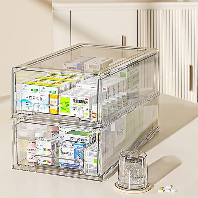 2 Pack - Clear Pulling Medicine Drawer First Aid Kit Box for Bathroom, Cabinet, Closet,Medicine Organizer, Medicine Storage Box Adhesive Bandages Family Emergency Kit (L drawer) by sgoostood