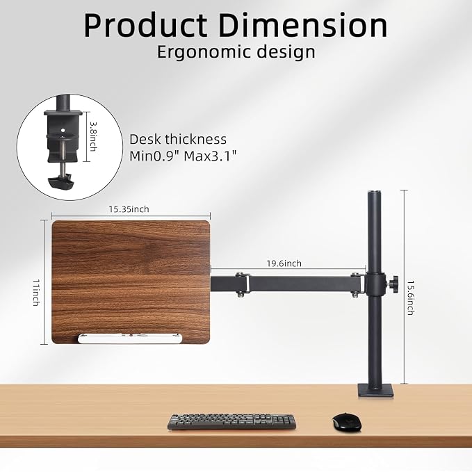 Adjustable Book Stand with Desk Clamp Mount, Wooden Reading Holder with Metal Arm, Black - Image 2
