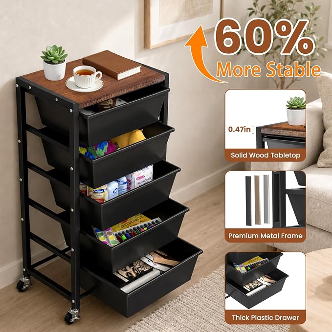 Rolling Cart with 5 Drawers, Plastic Drawer Storage Carts with Wheels & Wooden Tabletop, Metal Utility Cart for Office Bedroom Living Room Classroom, Craft Organization and Storage, Black - Image 5
