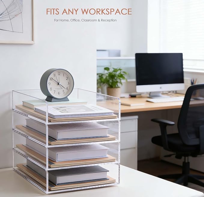 Acrylic Paper Organizer Letter Tray, Stackable Desk Organizer, 4-Tier | Desk Organizers and Accessories, Vertical File Tray, Workspace Office Supplies Organizer for Office Classroom Home, Clear - Image 5