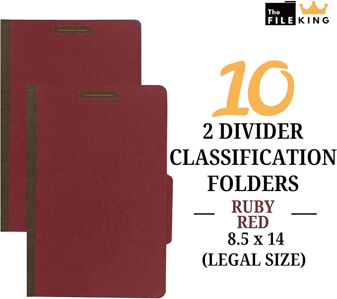 The File King Pressboard Classification Ruby Red Partition File Folder | Legal Size - Box of 10 | Two Dividers | Six 2” Durable Fastener Prongs | 2/5 Cut Top Tab | 2” Expansion - Image 2