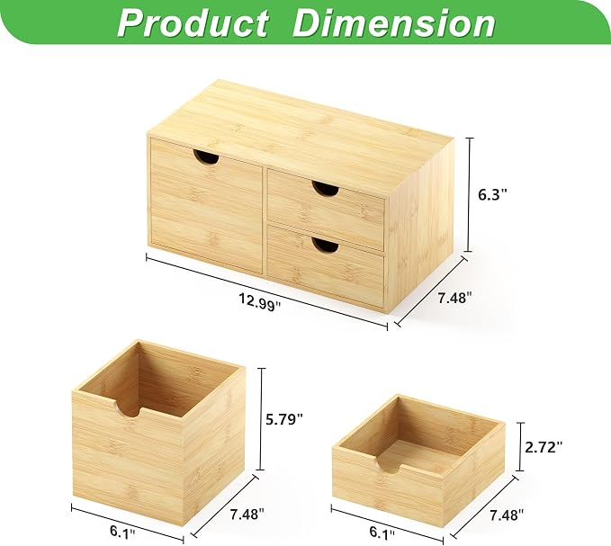 Bamboo Desk Organizer with Drawers, Desktop Storage Box for Office Supplies | 3 Drawers Desktop organizer, No Assembly Required, Natural Wood Wooden Desktop Drawers for Bills, Cosmetics, Seals, Paper - Image 3