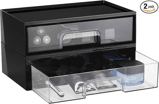 Vtopmart Black Stackable Storage Drawers, 2 Pack Wide Organizers | Pull-Out Drawers, Stackable Design for Makeup Palettes, Cosmetics, Beauty Supplies, Vanity, Cabinet and Desk by Vtopmart