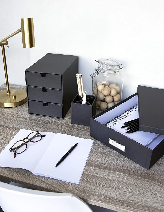 Bigso Box of Sweden Ingrid 3-Drawer Fiberboard Desk Organizer Drawers | Durable Desk Storage Organizer for Office Supplies & Accessories | Stackable Desktop Drawers | 6.3" x 9.9" x 8.1" | Light Grey - Image 2