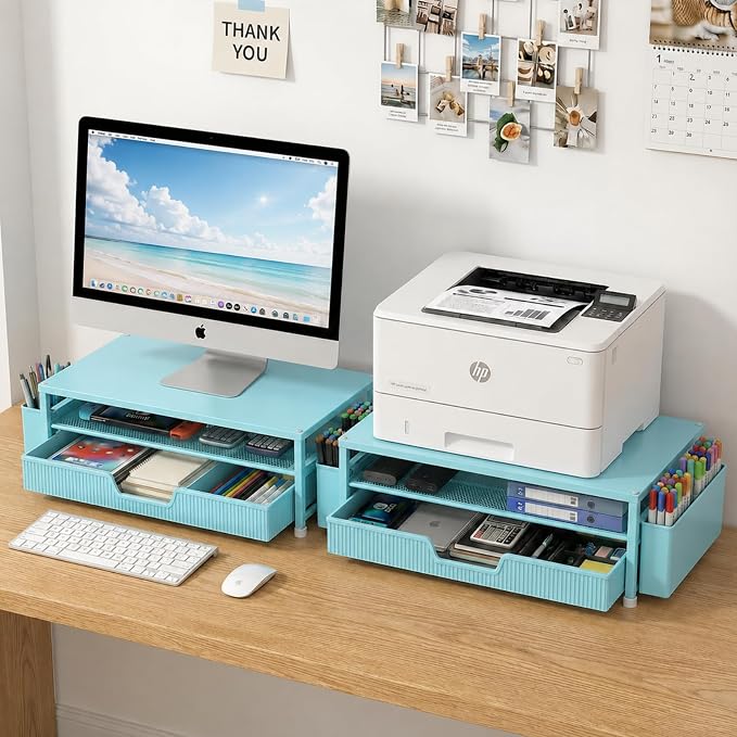 ECOLOVI Desk Organizer and Accessories, 2-Tier Computer Monitor Stand Rise with Storage Drawer & 2 Pen Holders, Laptop & Printer Stand for Desktop, Workspace Organizers for Office Supplies (Blue) - Image 3