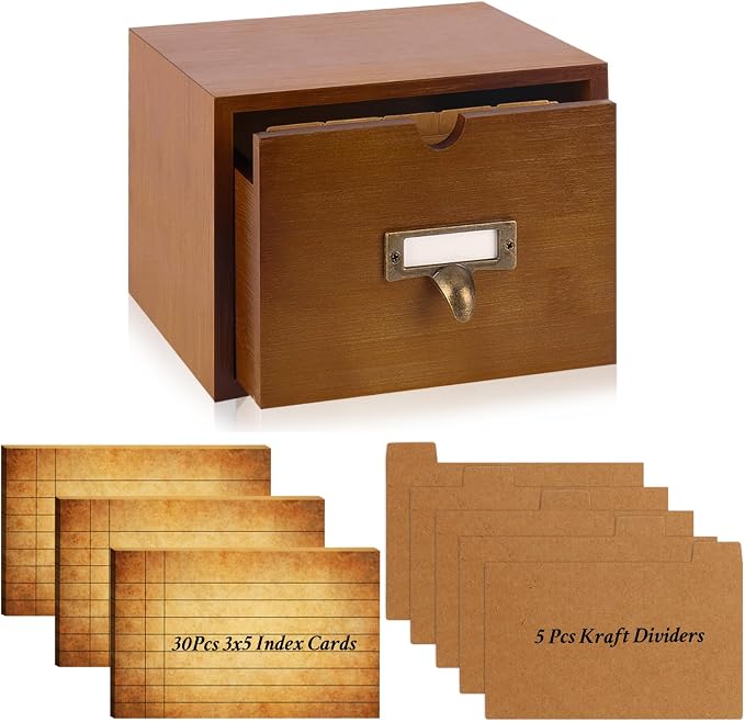 3x5 Index Cards Holder Wood Index Card Organizer Box Flash Card Holder Recipe Cards Holder with Drawer 30 Pcs Vintage Library Cards 5 Kraft Dividers For Gifts Cards Home Office by DLUGOPIS