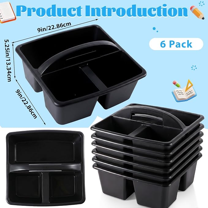 6 Pack 3 Compartment Small Caddy Plastic Classroom Organizer with Handle Portable Teacher Supply Storage Caddy Craft Art Caddies for Pencil, Crayon, Marker, Home, Office, School Supplies(Black) - Image 2