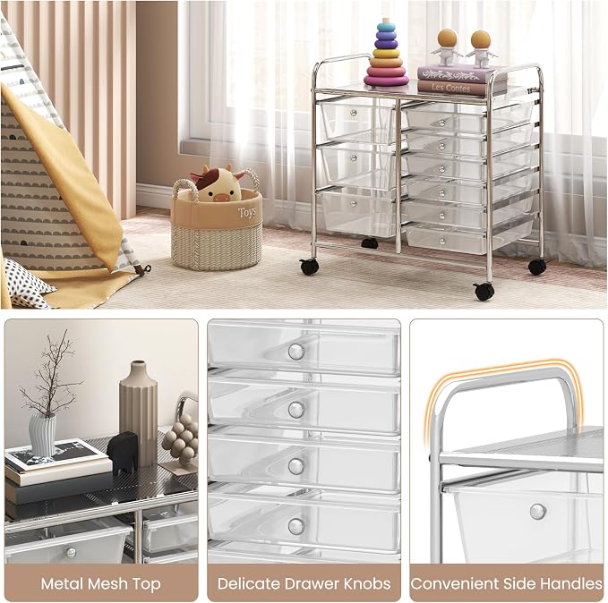 COSTWAY Rolling Storage Cart with 9 Drawer, Utility Cart with Metal Frame | Mobile Art Supply Craft Organizer, Multipurpose Storage Organizer for Paper, Office, School Teacher, Classroom, Transparent - Image 7