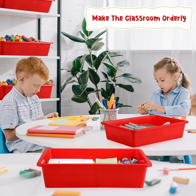 18 Pcs Flat Storage Organizer Bins Letter Size Paper Tray Classroom Storage Plastic Art Trays Classroom Pencil Organizer Baskets for School Office Teacher Book Organization(Red) - Image 6