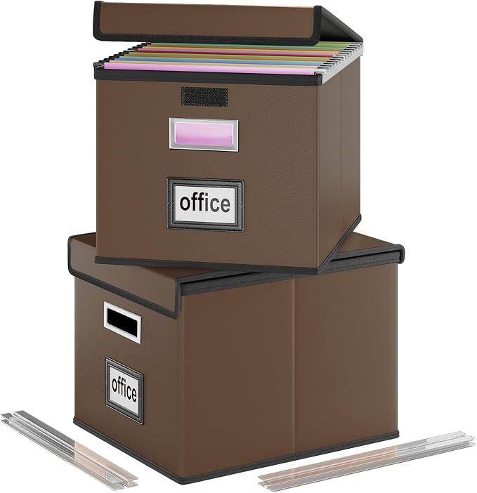 File Organizer Box with Lids, Collapsible File Folder Organizer | File Box with Plastic Slides for Document, Filing Bin for Letter Size Hanging File Folders (2 Pack, Dark Brown, Leather) by Huolewa