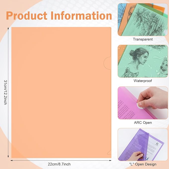 Fainne 100 Pcs Plastic Document Folders Clear File Folders Plastic Pockets Sleeves Letter Size 8.7 x 12.2 Inches A4 Assorted Colors for Office Supplies (Stylish Color) - Image 3