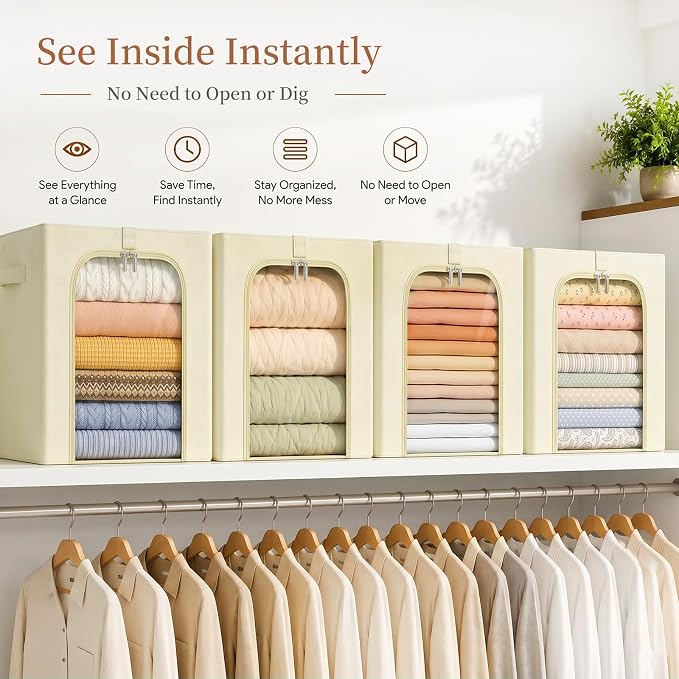 GoMaihe Blanket Storage Bins with Metal Frame for Closet, 55L 6-Pack Beige | Winter Coat Clothing Comforters Bedding, Closet Top Shelf Organizer, Collapse-Proof Stackable, Clear Window Dual Access - Image 5