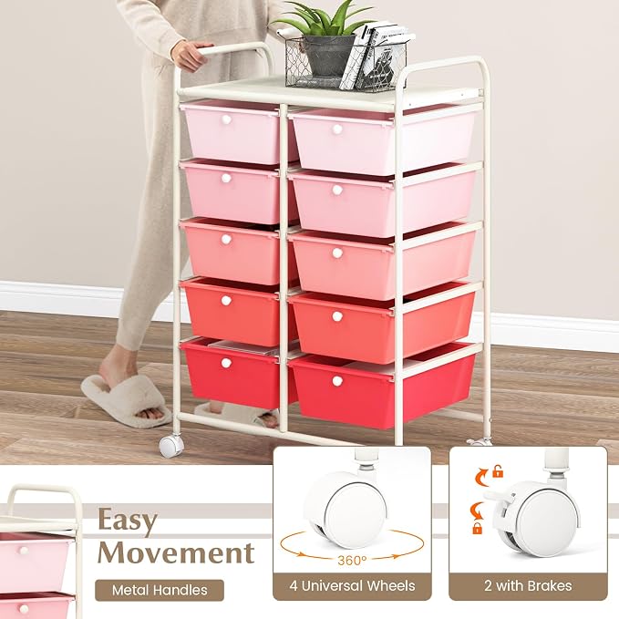 COSTWAY 10 Drawer Rolling Storage Cart, Utility Cart with Lockable Wheels | Mobile Art Supply Craft Organizer with Metal Frame, Multipurpose Drawer Cart for Paper for Office, School, Mixed Pink - Image 5