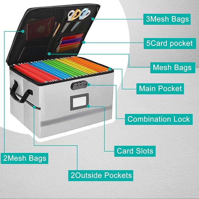 EXLIFBAG File Organizer, Fireproof File Box with Lids, Important Document Organizer Box with Lock, Portable File Folder Organizer with Handle - Image 2