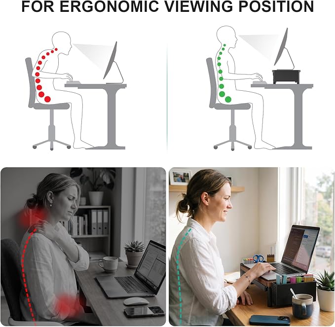WALI Plastic Computer Monitor Stand with Storage, Desk Organizer with Drawer and Pen Holder, Desk Monitor Riser 3 Height Adjustable, Laptop Riser for Computer, Laptop, Printer(PTT003-C), 1 Pack, Brown - Image 8
