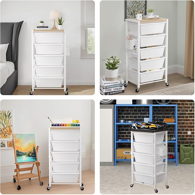 Rolling Cart with 4 Drawers, Plastic Drawer Storage Carts with Wheels & Wooden Tabletop, Metal Utility Cart with Pegboards, Office Living Room Classroom Craft Organization and Storage, Bright White - Image 6