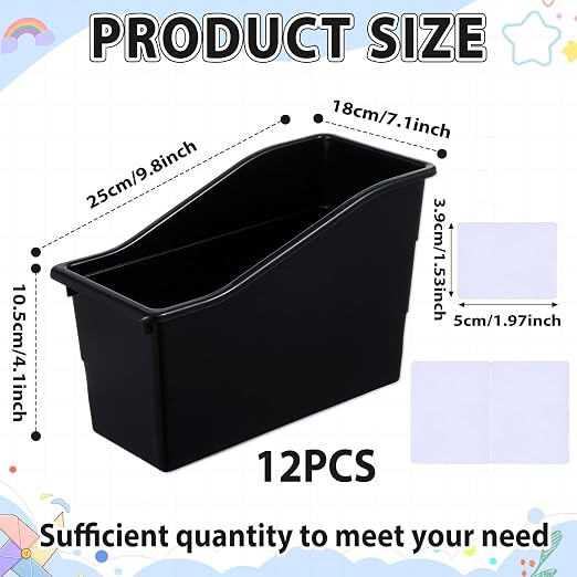 gisgfim 12 Pack Large Book Bins with Labels (Black) | Durable Plastic,Stackable Magazine Organizer,Storage Bins for Classroom,Library,Office,Bookshelf Categorization - Image 2