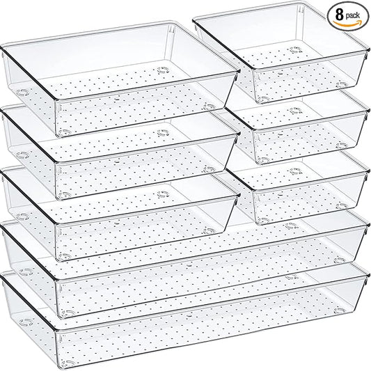 Drawer Organizer Set, Acrylic Non Slip Non Cracking Kitchen Drawer Storage Tray Large Size Divider, Multifunctional Storage for Cosmetics, Bathroom, Tools, Kitchen and Office (8 PACK) by Criusia