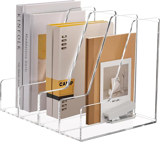 SANRUI 4 Pack Clear Acrylic Vertical File Organizer, Desk Organizer and Storage Bins Holding for Magazines, Binders, Notebooks, Envelopes, Multi-purpose Document Organizer for Home Office by SANRUI
