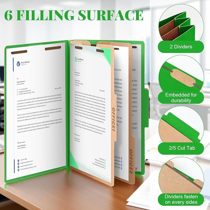 AmazingSpark 12 Pcs Legal Size Classification Folders 2 Divider, Bulk Pressboard File Folder with Expansion 2 Prongs Fastener Heavy Duty Office File Organizer for School Hospitals Home(Green) - Image 3
