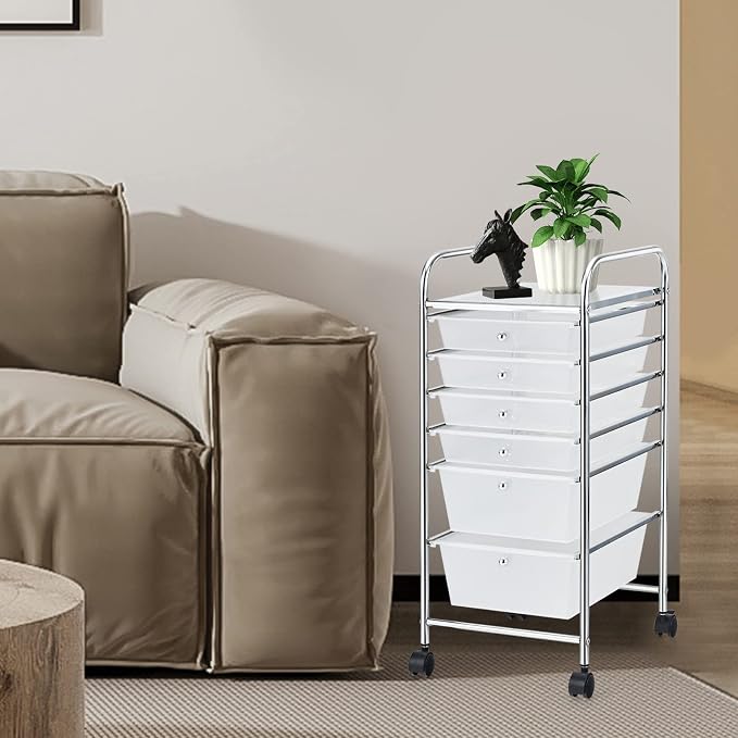 COSTWAY 6-Drawer Rolling Storage Cart, Art Craft Tools Organizer on Wheels | Multifunctional Heavy Duty Utility Mobile Storage Trolley w/ 2 Lockable Wheels for Home Office School (Clear) - Image 2