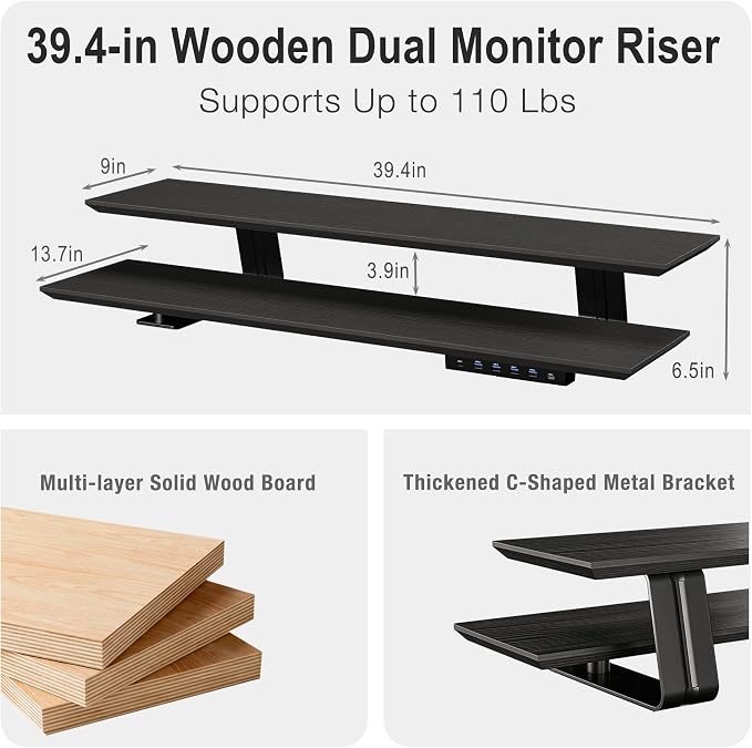 Dual Monitor Stand Riser for Large Office Desk Organization, Black | Solid Wood Made, 30w Fast Charging Ports, Data Transfer USB Ports, Raise Monitor Height, More Desk Space, No Wobble - Image 2