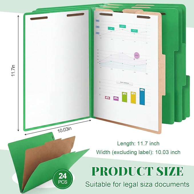 AmazingSpark 24 Pack Green Classification Folders Letter Size, 1 Divider, 1/3-cut Tab, File Folders with Fasteners, Prongs, Expanding File Organizer Bulk for Office Employee, Coworker, Staff - Image 2