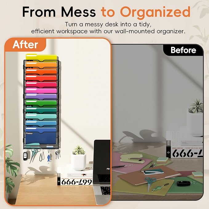 13-Tier Wall File Organizer with Hook, Hanging File Organizer Black | Wall-mounted mail storage holds papers, folders, files, clipboards and magazines, assembly required for office or home use. - Image 6