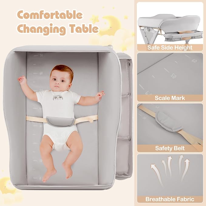 INFANS Baby Changing Table with Wheels, Portable Folding Diaper Station Nursery Organizer with Storage Basket, Hanging Rack, Adjustable Height, Safety Belt for Newborn Infant (Light Gray) - Image 2