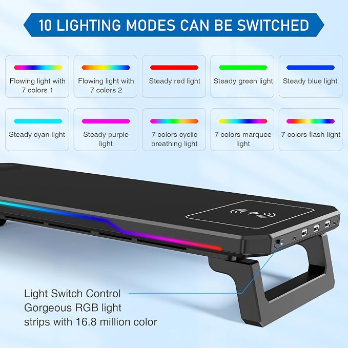Monitor Stand Riser with USB 3.0 Hub & Type-C Port, 15W Fast Wireless Charging & RGB Lighting, Desk Organizer for Home Office PC iMac 27 Inch (Black) - Image 3