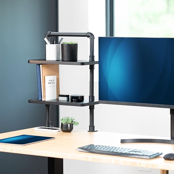 VIVO Clamp-on Premium 16 inch Industrial Pipe 2-Tier Tabletop Shelving, Heavy Duty Desk Extension Organizer, Modern Desktop Display Shelf, Black Shelves, DESK-SHELF16-2B - Image 2