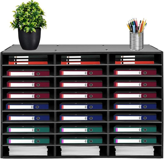 27 Slots Desktop File Sorter Literature Organizer Mail Paper Storage Cabinet Large PVC Classification Display Cabinet for Files Documents Letters, Office School Home Use (Black) by DOONARCES