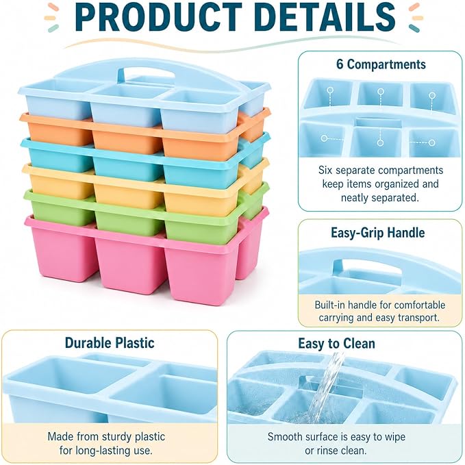 6 Pack Assorted Colors 6 Compartment Classroom Caddy with Handle Portable Plastic Storage Classroom Caddies Organizer for Classrooms Supply Teacher Office Table Desk(Pastel) - Image 3