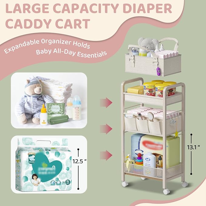 Baby Diaper Caddy Organizer and Storage,2In1 Baby Cart Organizer-Baby Diaper Caddy+3 Tier Rolling Cart for Baby Nursery,Baby Bedside Cart,Easy Assembly,Beige - Image 3