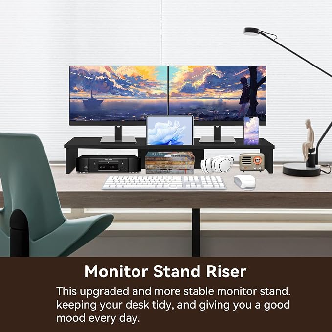 Dual Monitor Stand Riser with Phone Tablet Holder, 35.8in Large Monitor Stand for Desk, Computer Monitor Stand for 2 Monitors, Desk Shelf for Top of Desk, Desktop Organizer for Laptop, Printer, TV - Image 3