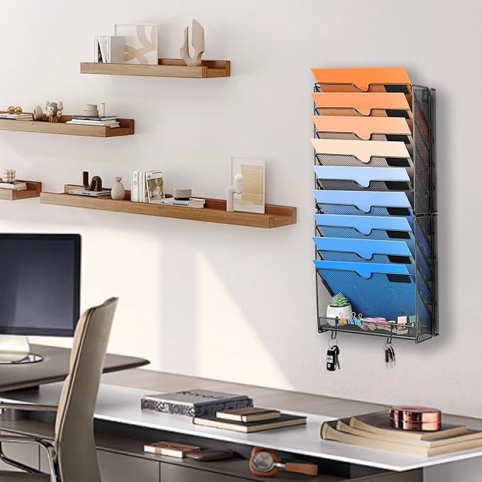 Wall File Organizer, 10 Pockets Mesh Hanging File Organizer | Wall Mount File Paper Folder Holder With Hooks, Wall Organizer Magazine Document Mail for Office School, Black - Image 5