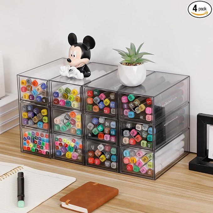 Clear Desk Drawers Organizer, 4 Pack, 12 Drawers, Plastic | For Home Office Supplies, Marker Pen, Art Crafts, Crayons, Coffee Pods, Makeup, For Bathroom, Kitchen, Pantry, Coffee Bar by NINEWEEN