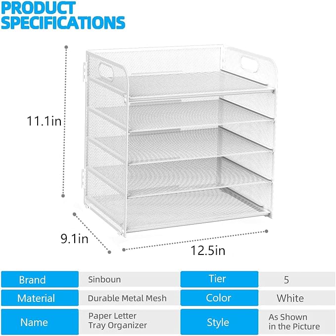 Letter Tray Paper Organizer 5-Tier Desk Organizer File Organizer Paper Holder with Handle, Metal Desktop Document Shelf Tray Office Classroom Organization - White - Image 2