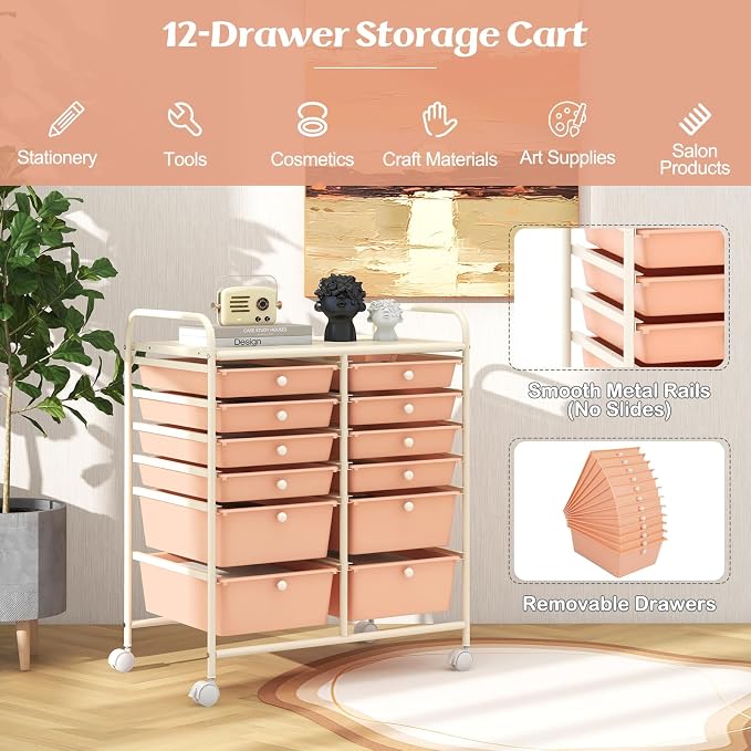 GOFLAME 12-Drawer Rolling Storage Cart, Multipurpose Organizer Cart with 2 Sizes Plastic Drawers, Mobile Utility Cart with Lockable Casters for School, Home Office, Beauty Salon, Peach Fuzz - Image 4