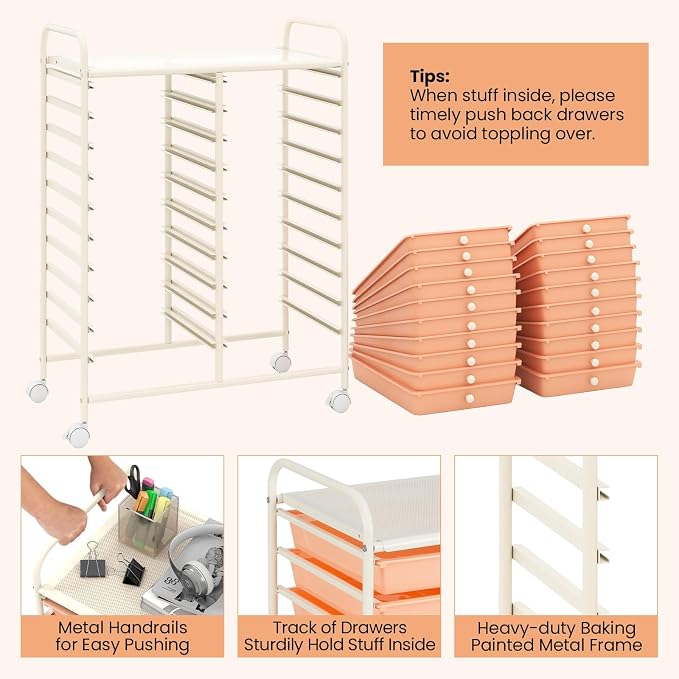 Giantex 20 Drawers Rolling Cart, Mobile Storage Drawer Cart, Classroom Organizer for Office School Supplies Tools Scrapbook Paper Craft Small Printer, Utility Stand on Wheels, Peach - Image 4