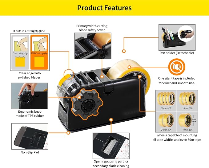 [TENDO°] TENDO Multi-Section Tape Dispenser, Custom Width Tape Cutter with 4 Cutting Sections, Built-in Safety Blade, Ergonomic Grip for Packing and Office Use, ZO-508(Black) - Image 3