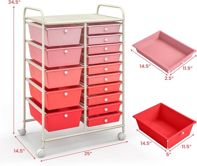 Moccha 15-Drawer Rolling Storage Cart - Under Desk Storage Drawers with wheels for Craft Art Supply Paper Salon, Scrapbook Paper Tools, Mobile Utility Cart for Classroom (15 Drawers, Gradient Pink) - Image 3