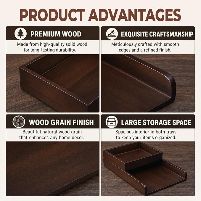 Wood 2-Tier Letter Tray, Stackable Detachable Paper Tray Desk Organizer | Detachable A4 File Holder, No-Assembly Desk Mail Sorter, Walnut Color Wood, Home Office Storage, Letter Paper Tray - Image 6