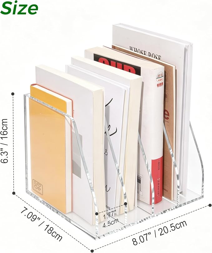 Lovemolly Acrylic Magazine File Holder – 4-Slot Clear Desk Organizer, Vertical Document Sorter for Office, Home & Classroom, No-Assembly Tabletop Rack for Folders, Books & Tablets, 7.09x8.07x6.3 in - Image 2
